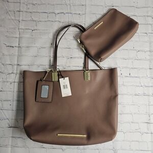 Steve Madden BPAMMY Bisque Pebbled Tote Bag with Pouch and Mirror Charm NEW